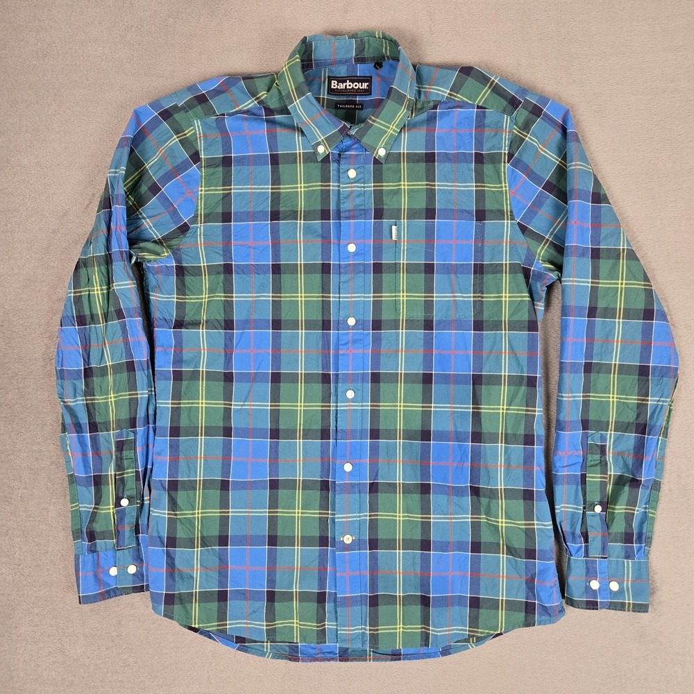 Barbour Toward Shirt Mens‎ Small Tailored Fit 100% Cotton Blue Green Check Plaid
